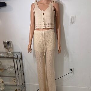 Chic Cream Knit Women's Wide Leg Pants & Top Set